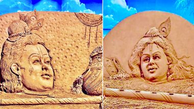 Krishna Janmashtami 2022 Image & Greetings: Lord Krishna’s Sand Art by Sudarsan Pattnaik To Celebrate Dahi Handi Festival (See Pic)